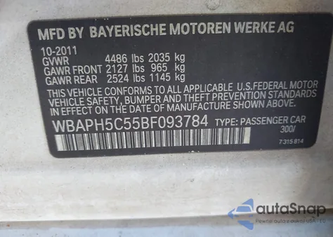 2011 BMW 328I из США, поврежденный, VIN WBAPH5C55BF093784